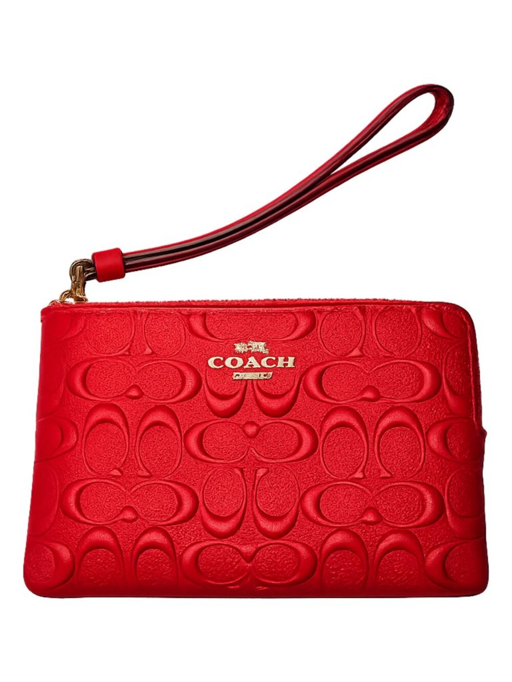 Coach 67555 Signature Red Embossed Leather Corner Zip Wristlet-Gold Logo-NWOT